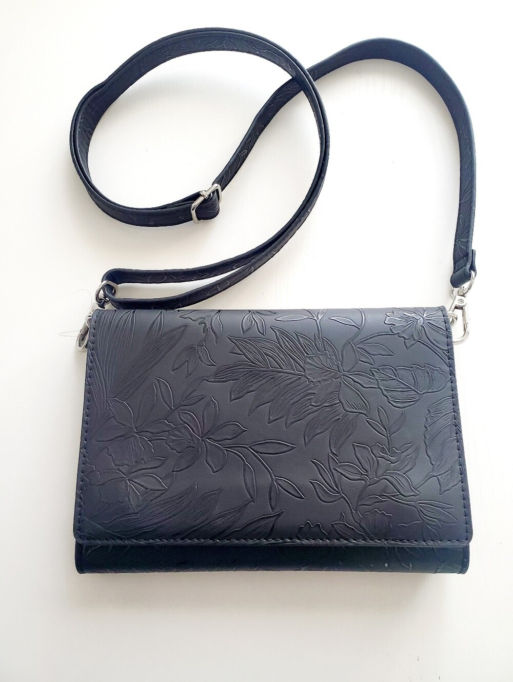 Black Floral Embossed Crossbody Bag - Women's Fashion